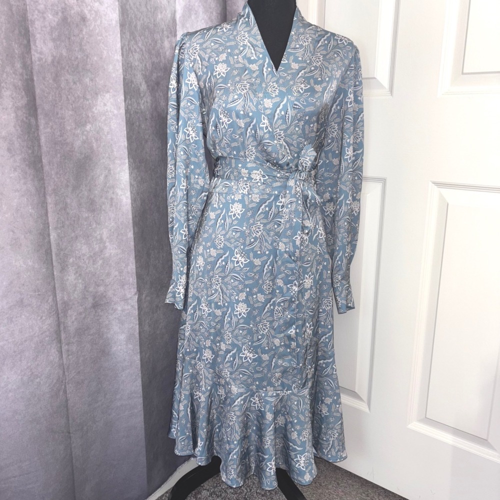 NWT J Flower Floral Wrap Ruffle Hem Paisley Midi Dress Size Small Ash  Blue Boho